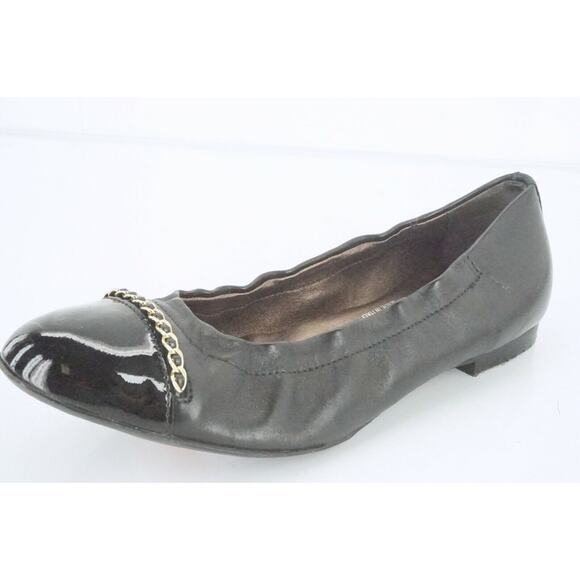 AGL Black Leather Bijoux Chain Embellished Patent Cap Toe Ballet Flat SZ 36 - Picture 1 of 12